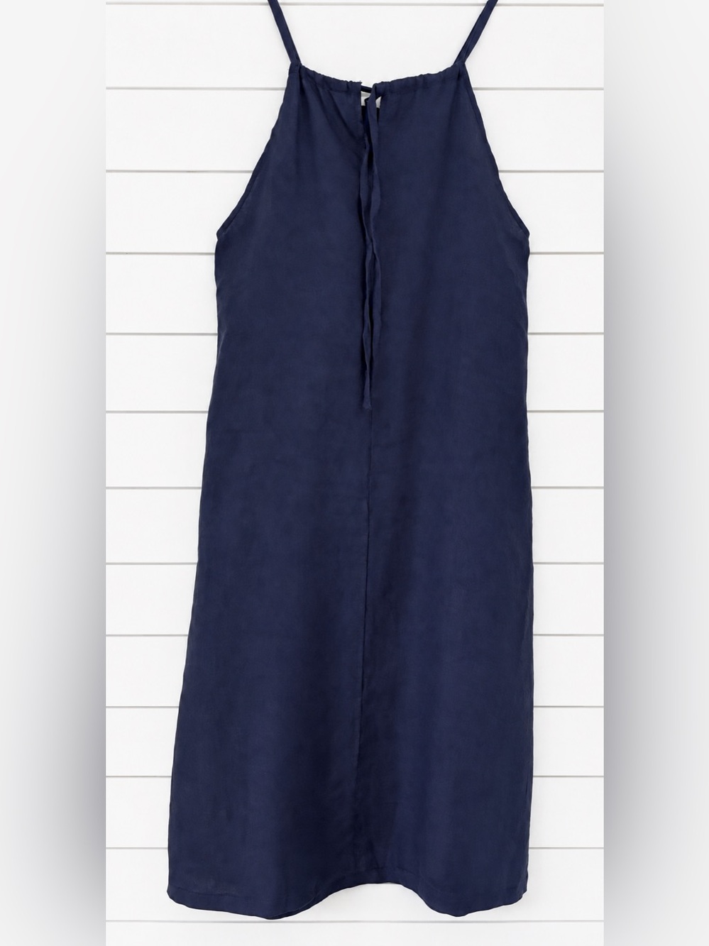 Womens S Navy Linen Halter Sleeveless Midi Dress Tie Back with Belt and Pockets - Picture 3 of 10